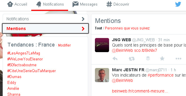 Onglet Mentions sur Twitter
