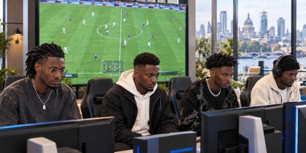 Quatre joueurs concentrés devant leurs écrans avant le match